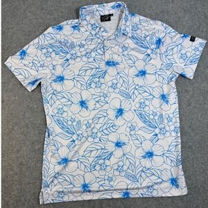 Sunday Swagger Mens Blue Hibiscus Floral Golf Polo Shirt Size Medium White